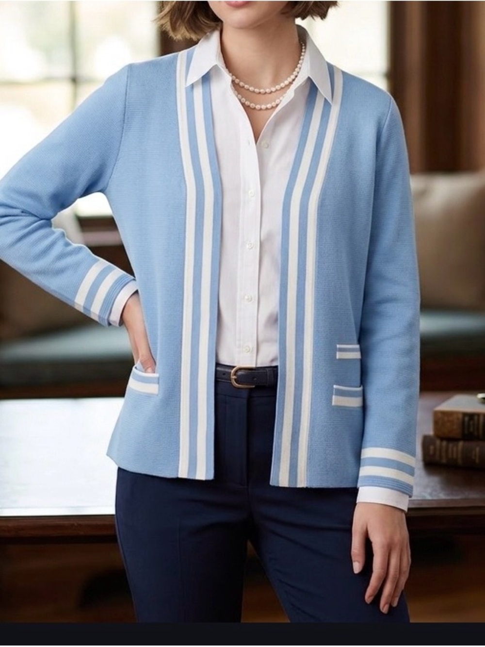 Pendleton Preppy Light Blue and White Striped Open-Front Jacket Silk Size Small